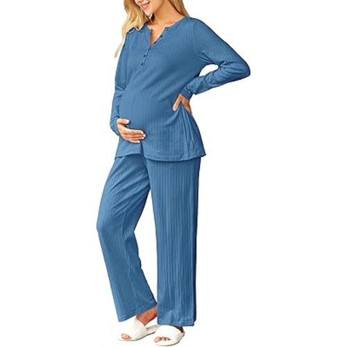 OUGES 100% Cotton Womens Maternity Nursing Pajamas Sets 2 Piece Pregnancy Delivery Postpartum Lounge Pjs with Pockets