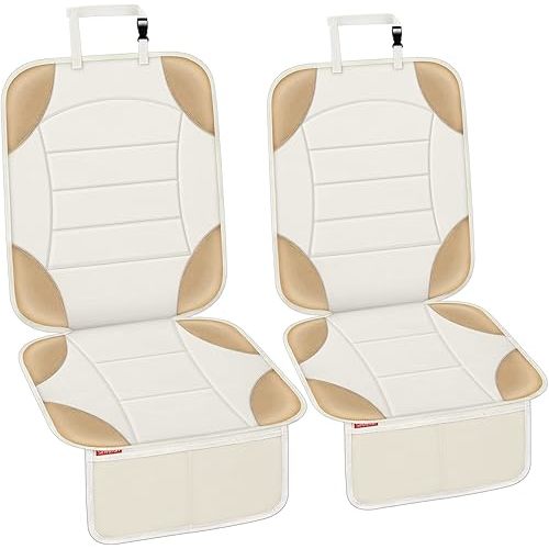 Sinvitron Car Seat Protector for Child Car Seat - Waterproof Non-Slip Leather Mat with 2 Mesh Pockets, Universal Seat Cover for Baby, Pets & Vehicles(2-Pack,Off-White)
