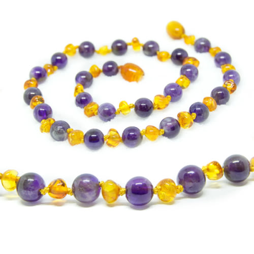 (12.5in) The Art of Cure Semi-Precious & Certified Baltic Amber Teething Necklace- Amethyst/Honey