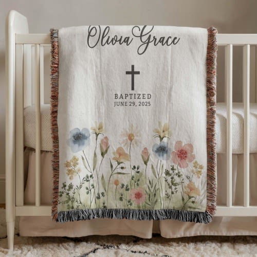 Custom Baptism Blanket Baby Dedication Gift For Goddaughter-Baptism Christening Personalized Baby Girl Gift From Godparent Floral Cross