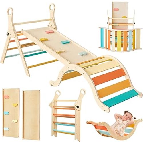Giant bean Pikler Triangle Set, Pastel 7 in 1 Montessori Climbing Set with Handle, Sliding Ramp & Arch, Foldable Wooden Toddler Climbing Toys Indoor, Playground Jungle Gym for Kids Age 1-3
