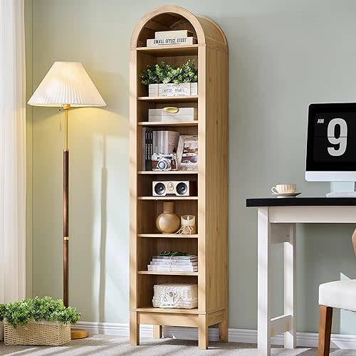 71" Tall Arched Bookshelf, 8 Tiers Arch Bookcase with Storage, Modern Farmhouse Book Shelf with Adjustable Shelves, Wood Bookshelf w/Open Display Shelves for Living Room, Office (Natural)