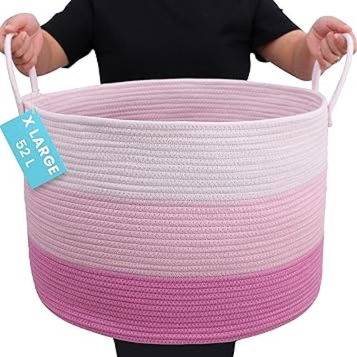 OrganiHaus Large Woven Storage Basket for Blankets and Toys 20" x 13" Inch, Rope Laundry Basket with Handles, Cushions & Pillows Storage Bin, Nursery Hamper, Soft Round Dog Toy Bin - Pink