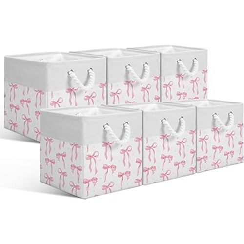 LemonRoad 6 Pcs Pink Bow Cube Storage Bins Square 11.22 Inch Storage Basket with Handle Preppy Girl Organizer Basket Collapsible Fabric Box for Classroom Bedroom Office Home Decoration Gift