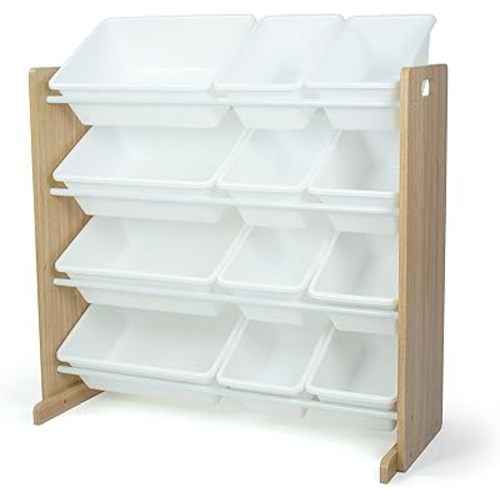 Humble Crew Toy Storage Organizer with 12 Removable Storage Bins for Kids Playroom, 4-Tier Toddler Toy Organization, Natural Wood/White