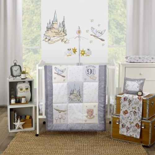 NoJo Warner Bros Harry Potter Magical Moments 3 Piece Nursery Mini Crib Bedding Set - Comforter and Two Fitted Mini Crib Sheets, Gray & White