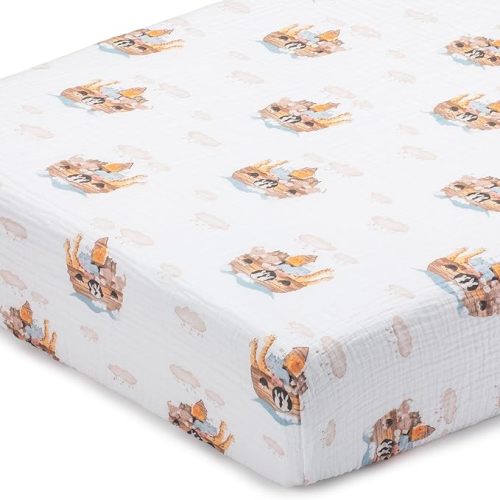 LollyBanks Fitted Crib Sheet 1 Pack, 100% Cotton Muslin Crib Sheets, Soft and Breathable Neutral Baby Bed Sheets for Standard 52 x 28 Inches Mattress, Baby Bedding Essentials (Noah's Ark Print)