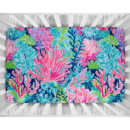 Preppy Style Crib Sheet - Colorful Coral Reef Crib Sheet - Baby Girl Personalized Crib Sheet - Bright Coral Pink Blue Girl Nursery Bedding
