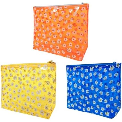 TotePrint 3PCS Portable Yellow Orange Blue Daisy Waterproof Cosmetic Bag,Clear Pouch for Travel with Zipper,Cosmetic Brush Bag