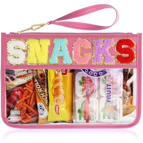 Snack Bag for Travel - Clear Chenille Varsity Letter Flat Pouch with Zipper, Waterproof Clear Nylon Preppy Patch Makeup Cosmetic tote Bags for Women Girls