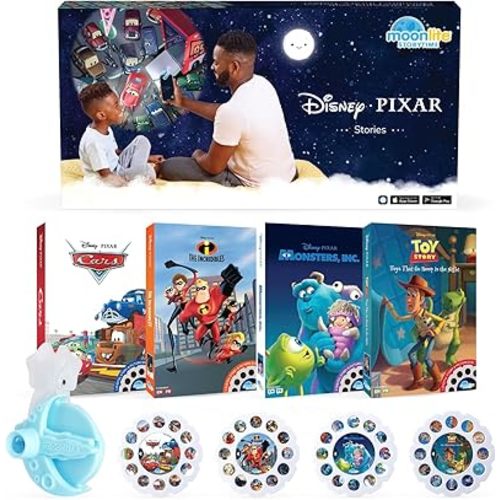 Moonlite Storytime Mini Projector with 4 Pixar Stories, A Magical Way to Read Together, Digital Storybooks, Fun Sound Effects - Toy Story, Cars, Incredibles, Monsters Inc - Gifts for Kids Age 1 and Up