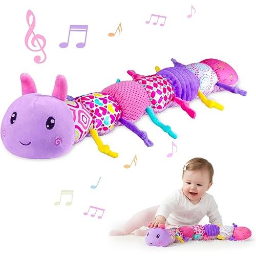 Baby Infant Musical Stuffed Animal Soft Toy with Multi-Sensory Crinkle, Rattle & Textures,Baby Girl Toy Birthday Gift for 0 3 6 9 12 Months+,Caterpillar,Purple