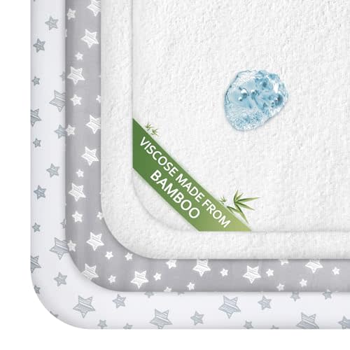 Pack and Play Sheets & Waterproof Terry Pack N Play Mattress Protector Pad Cover 4 Pack, Viscose Made from Bamboo Pack N Play Sheets Set, Grey & White