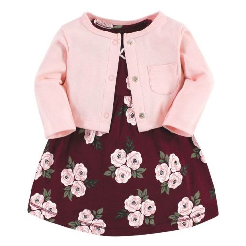 Hudson Baby Baby Girls Cotton Dress And Cardigan Set, Burgundy Floral, 0-3 Months