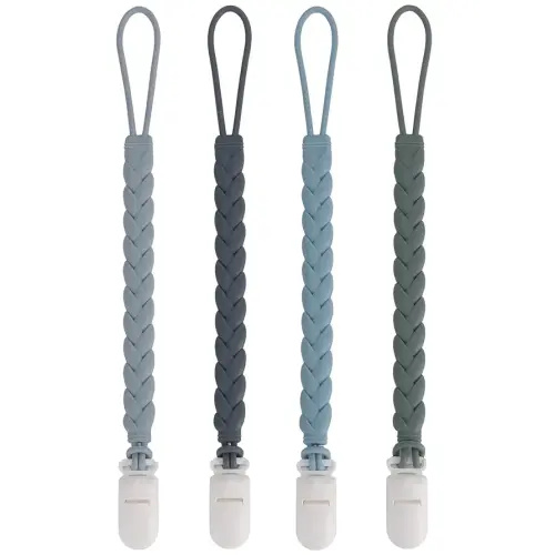 Stylish Silicone Pacifier Clips 4-Pack for Baby Boys and Girls, Woven Rope Flexible Design, Rust-Free Holders for Teething Relief and Baby Essentials, Safe for Newborns (Grey)