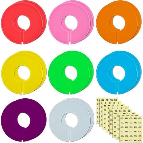 16 Pack Closet Dividers for Clothes Round Colorful Plastic Size Closet Rack Dividers Hangers, 8 Sizes of Clothing Stickers Clear Digital Labels 240 Total