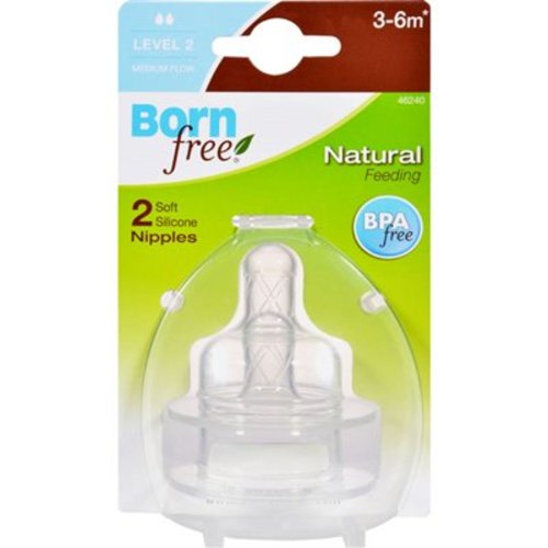 Bornfree Soft Silicone Nipples - Level 2 Medium Flow - 2 Pack Bottles and Cups