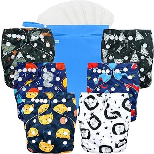 wegreeco Cloth Diapers 6 Pack with 6 Inserts & 1 Wet Bag, Washable Cloth Diapers for Babies, One Size Adjustable Reusable Diapers Baby (Dinosaur)