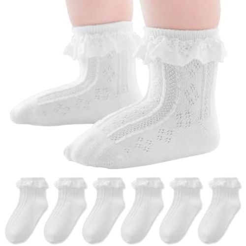 EPEIUS Baby Lace Socks Newborn Girl Eyelet Ruffle Frilly Socks Soft Breathable Seamless Cotton Sox 0-6/6-12/12-24 Months