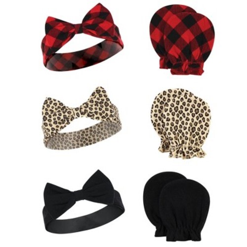 Hudson Baby Infant Girl Cotton Headband and Scratch Mitten Set, Buffalo Plaid Leopard, 0-6 Months
