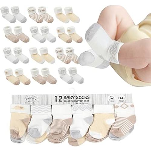 Baby Socks 0-6 Months, Organic Cotton Infant Socks, Unisex, Soft & Hypoallergenic Newborn Socks, 12 Pairs and 6 Pairs (US, Age, 0 Months, 6 Months, 12, Brown)