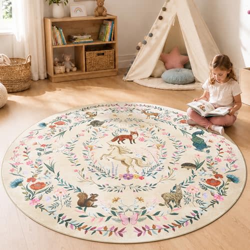 jinchan 6ft Round Kids Rug Washable Whimsical Nursery Playroom Rug, Cream | Soft and Comfy, Non-Slip, Whimsical Unicorn, Woodland Animals, Floral Storybook Design, Boys' and Girls' Bedroom, Warm Cream