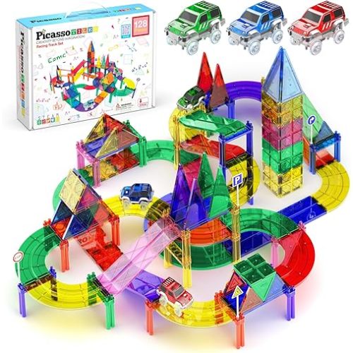 PicassoTiles 128 Piece Race Car Track Building Block Educational Toy Set Magnetic Tiles Magnet Playset 3 LED Car STEM Learning Construction Kit Hand-Eye Fine Motor Skill Training Brain Development