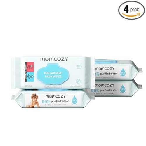 Momcozy Baby Wipes-Extra Large Size Design, 99% Water Based, Unscented & Hypoallergenic, Cleansing & Moisturizing Baby Wipes for Sensitive Skin, 60 Count (1 pack)