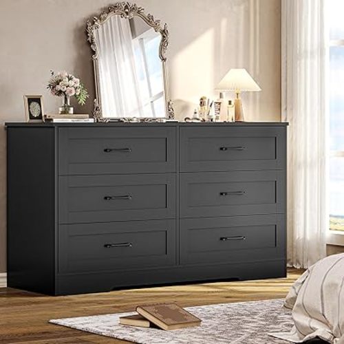 Hasuit Black Dresser for Bedroom with 6 Large Drawers, Wooden Chest of Drawers, Modern Large Capacity Clothing Storage Cabinet with Deep Drawers, Dresser for Bedroom, Living Room, Hallway