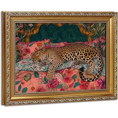 Vintage Gold Framed Sleeping Leopard Wall Art - 12x16 Inch Maximalist Floral Canvas Print, Ornate Antique Gold Frame Decor, Elegant French Country Wall Decor for Bedroom Living Room