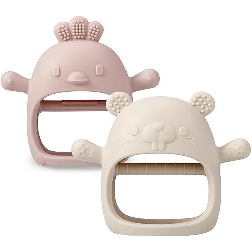 PandaEar 2 Pack Silicone Baby Teething Toys| Baby Hand Teether Mitten for Sucking Needs| Baby Chew Toys Hand Pacifier for Soothing Teething Pain Relief (White/Pink)