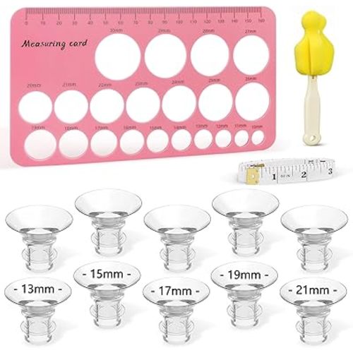Flange Sizer Kit, 10PCS Flange Inserts 13/15/17/19/21mm with Nipple Measuring Ruler Cleaning Brush, Silicone Breast Pump Flange Sizing Measurement Tool, Breastfeeding Essentials for 24mm Most Pumps