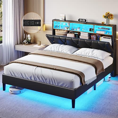 ADORNEVE Queen Size Bed Frame with Storage Headboard & LED Lights, Led Bed Frame Queen Size with Charging Station, PU Leather Upholstered Platform Bed with Shelf Headboard, Solid Wood Slats, PU Black