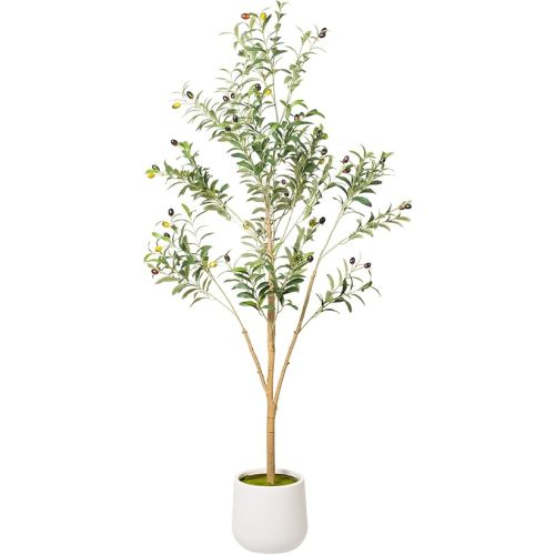Artificial Olive Tree with White Pot - Faux Olive Tree for Home Decor, Tall Artificial Plants Indoor, Realistic Trunks Foliage Fruit, Office Decor (5FT)