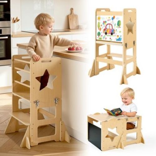 4 in 1 Wooden Weaning Table and Chair Set with Chalkboard Easel and Step Stool for Toddlers 1-5, Natural Wood