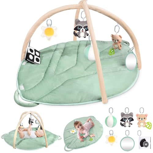 Baby Play Mat,Oversize Baby Tummy Time Mat for Sensory & Motor Skill Development Tree&Leaf Shaped Baby Activity Mat with 6 Detachable Sensory Toys Baby Play Gym Mat with Diaper Area (Sage Green)