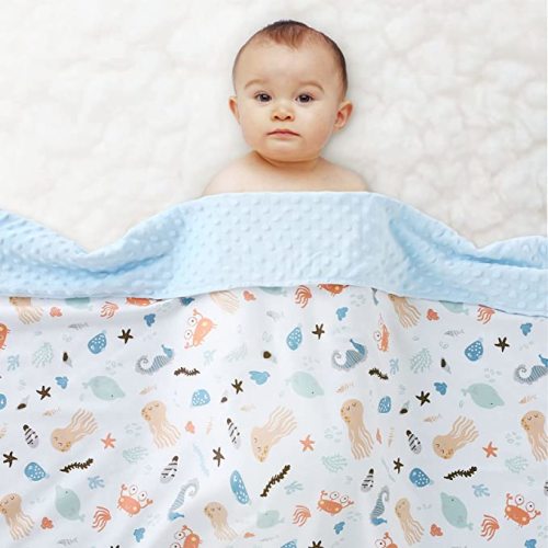 POSENPRO Baby Blanket for Boys Girls, Soft Plush Minky Baby Blanket with Dotted Backing, Lovely Ocean Animals Double Layer Toddler Receiving Blanket Throw for Stroller & Crib, 30 x 40 Inches - Marine Animals