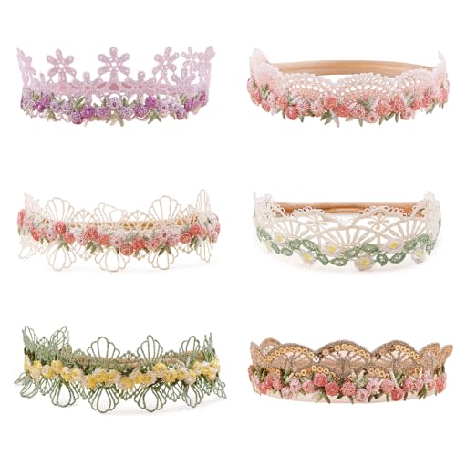NUWAJP Baby Girl Flower Hair Bows Nylon Headbands, 6PCS Stretchy Soft Floral Hairbands Crown, Handmade Hair Accessories for Newborn Infant Toddler