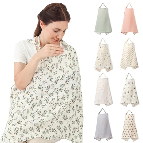 ANYEDDE Muslin Nursing Cover for Baby Breastfeeding - Breastfeeding Covers for Women, Breathable Muslin Privacy Nursing Covers, Soft Arch Neckline, Green Plants