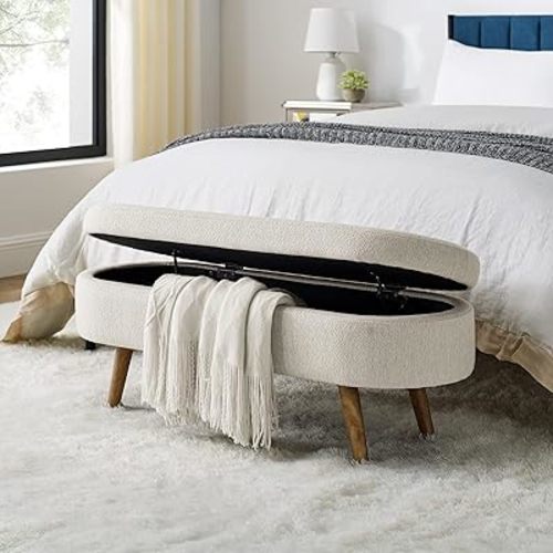 Storage Ottoman, Oval Upholstered Storage Bench with Large Storage Space and Rubber Wood Legs for Bedroom, Living Room, Bedroom, Beige