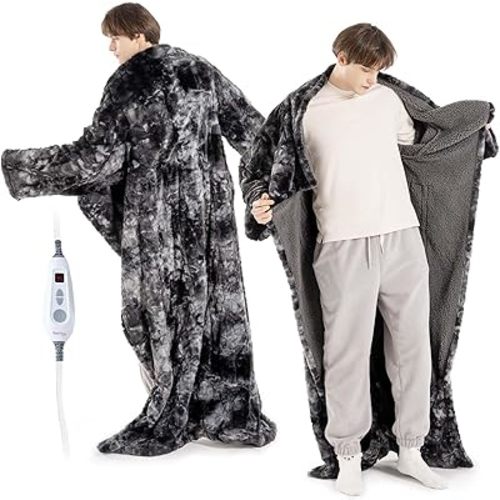 Bearhug Wearable Heated Blanket with Foot Pockets & Sleeves - Faux Fur & Sherpa, Heated Snuggle Blanket for Bed & Sofa, 6 Heating Levels, 4H Auto-Off, ETL Certified, Machine Washable, 50 * 70"+18"