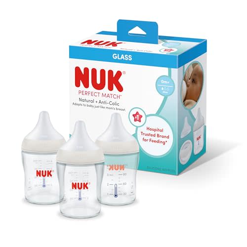 NUK Perfect Match Glass Natural + Anti-Colic Bottle, 4 oz. Glass Baby Bottles with SafeTemp Temperature Indicator, Newborn Essentials, 3-Pack