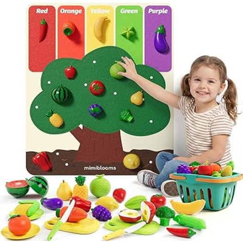 ALASOU Cutting Play Food Set with Felt Tree Mat & Storage Basket, Pretend Play Toys for Kids Kitchen Accessories, Color Sorting Set, Preschool Learning Activities for Toddlers 3 4 5 6 Boys Girls Gifts