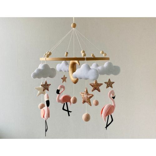 Baby mobile girl, flamingo Mobile, nursery felt animals, crib mobile, clouds mobile, hanging nursery decor, newborn gift,baby shower present