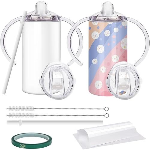 12oz Stainless Steel Sippy Cups for Toddlers with Handles, Spill Proof Double Wall Vacuum Insulated Sippy Cups, Sublimation Blank Cups for School, Outdoor, 2 Pack White