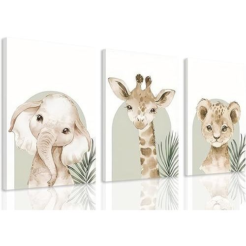 HNNXAR Nursery Canvas Wall Art Set Of 3 Baby Boy Girls Kids Room Picture Wall Decor Jungle Safari Lion Elephant Giraffe Poster Painting Cute Animal Prints For Children Toddlers Bedroom 16x24 Framed
