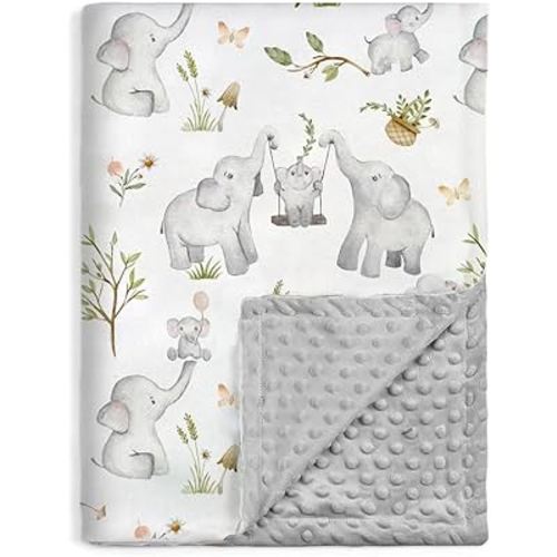 Baby Blankets for Unisex Boys Girls, Super Soft Nursery Minky Blankets with Baby Elephant Design and Dotted Fleece Backing, Printed Bed Throws Newborn