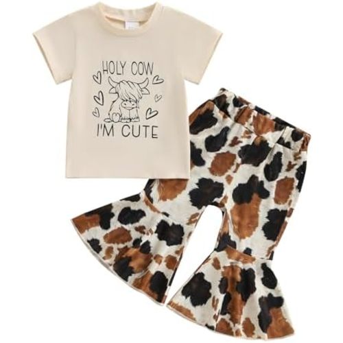 Holy Cow I'm Cute Cowgirl Toddler Baby Girl Short Sleeve Cow Print T-shirt Bell Bottoms Flare Pants Set 2Pcs Summer