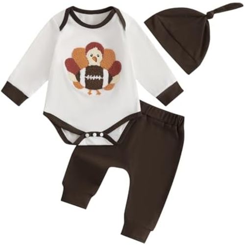 Baby Boy Girl My 1st Thanksgiving Outfit 0-3 6 12 18 Months Long Sleeve Romper Turkey Pants Hat Set Infant Clothes