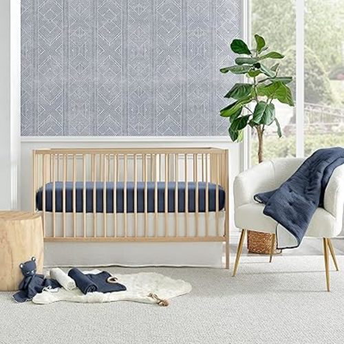 Levtex Baby - Cloud Muslin Crib Bed Set - Baby Nursery Set - Navy and White Stars - Navy Textured Muslin - 5 Piece Set Includes Quilt, Fitted Sheet, Two Swaddles & Bear Lovey